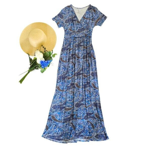 LilBetter Women's Maxi Dress Size XL Blue White Paisley Stretch Knit Pockets - Picture 2 of 14